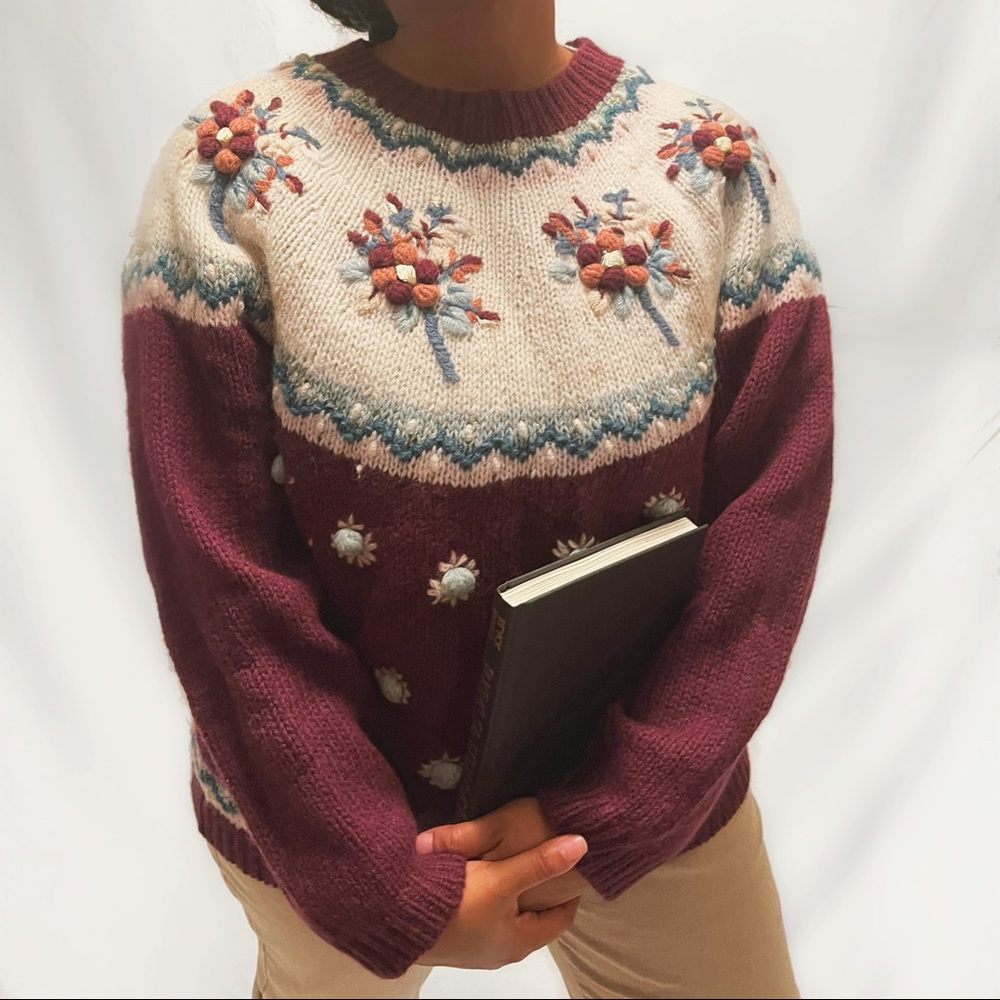 Vintage Floral Embroidered Pom-Pom Sweater